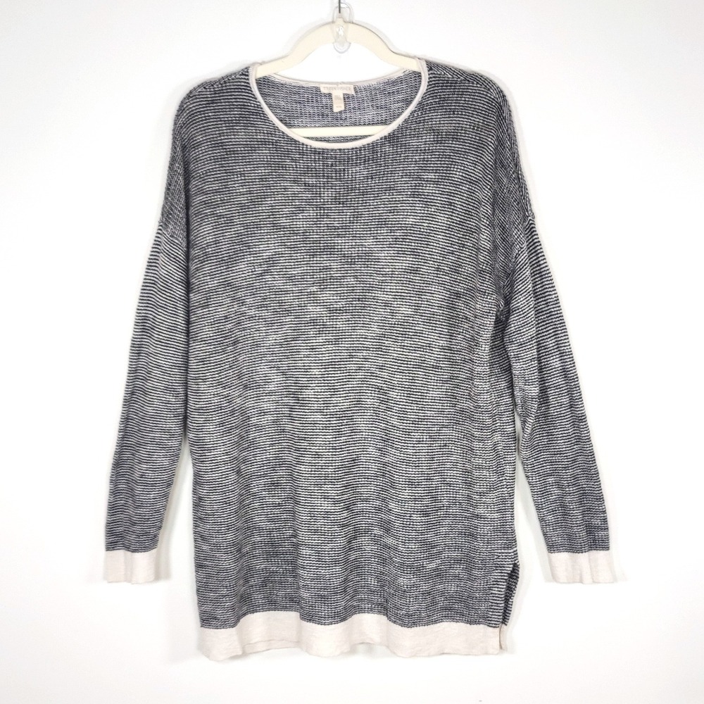 Eileen Fisher Organic Linen Cotton Tunic Sweater Black White Striped Medium - Picture 2 of 7